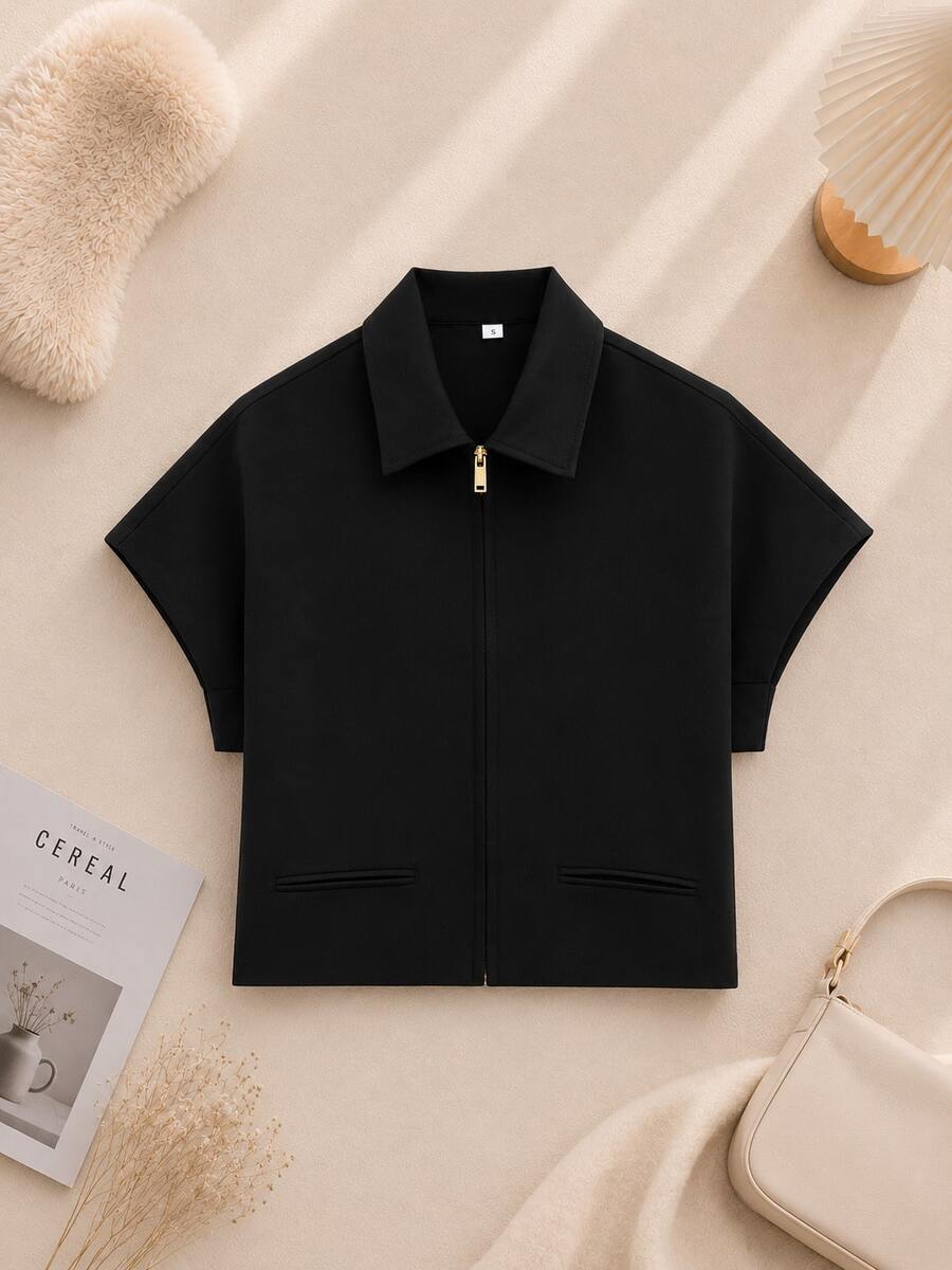 Solid Color Polo Collar Short Sleeve Top, Spring/Summer Black - Black - View 1