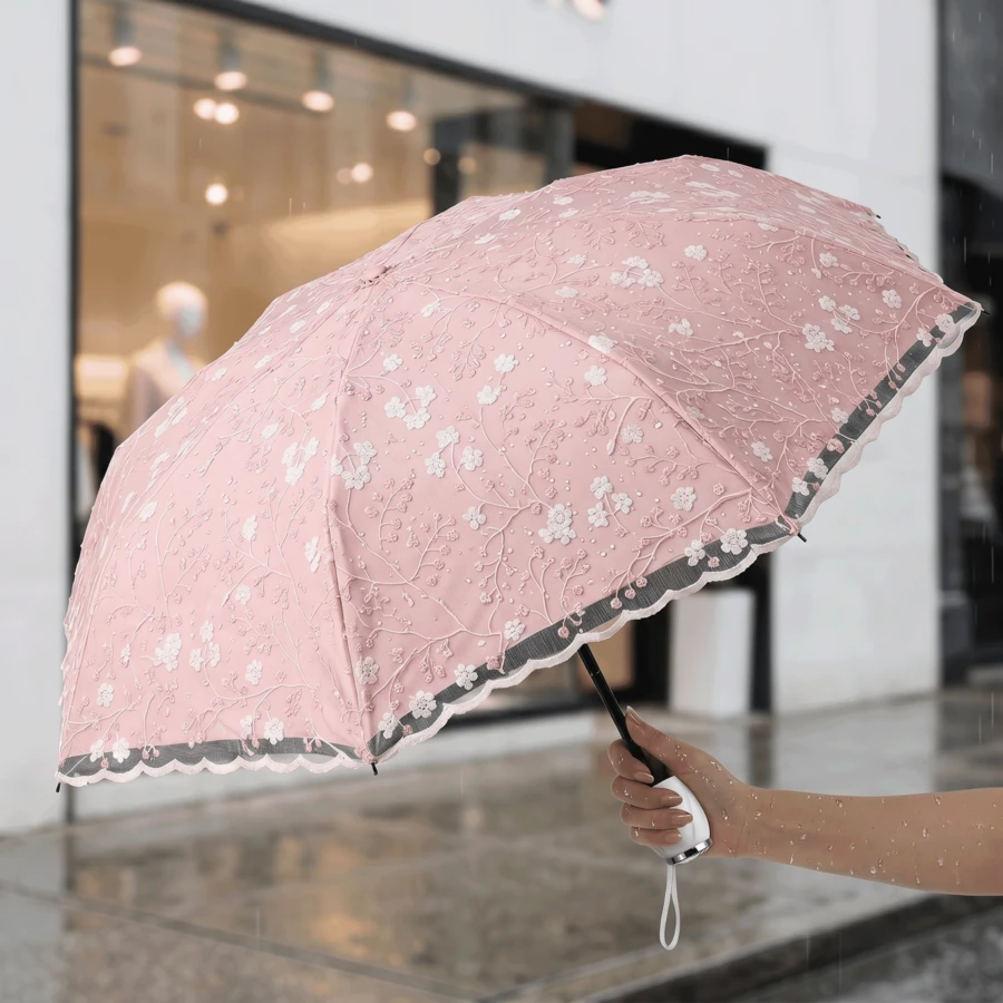 Embroidered Lace Sun Umbrella UV Protection Women's Double Layer Parasol Princess Style Women's Umbrella Sun Protection Elegant Beautiful Noble - Pink - View 1