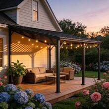 10' X 12' Lean To Gazebo, Hardtop Outdoor Pergola With Sloping Galvanized Steel Roof, Large Wall-Mounted Heavy Duty Awnings For Patio, Backyard, Deck, Porch (Black) - Dark Grey - View 5