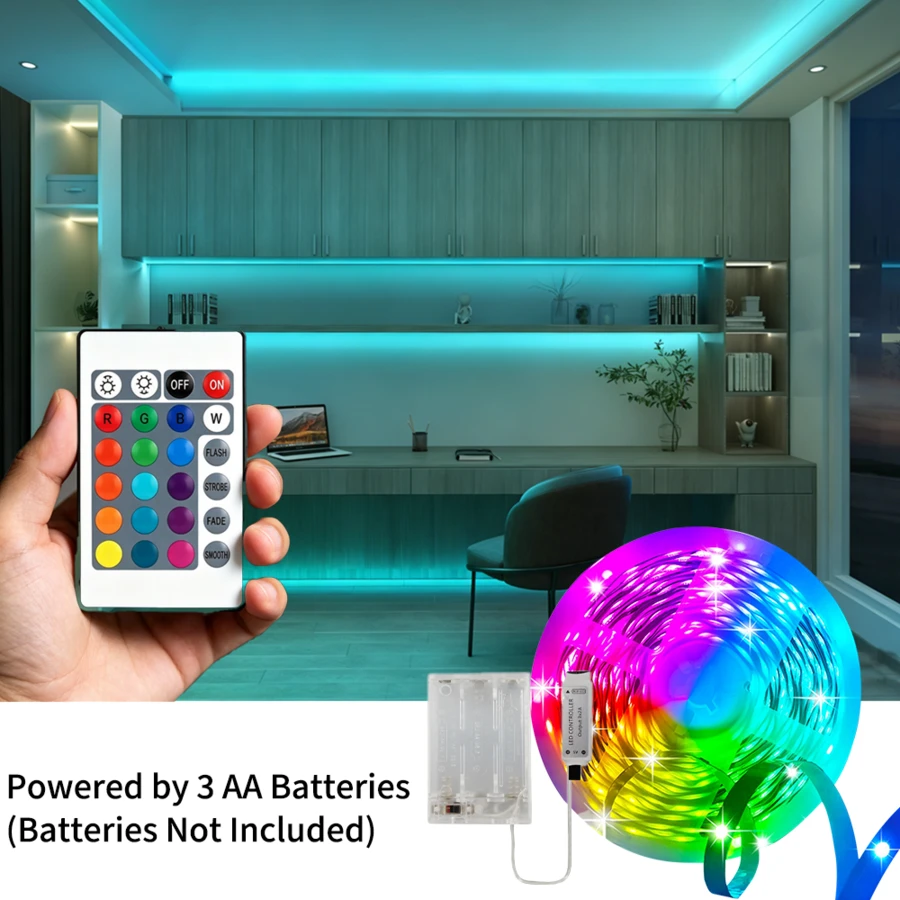 1-15M RGB LED 燈條燈,3*AA 電池供電,24 鍵遙控器,安裝簡單,適用於書桌、櫥櫃、萬聖節、聖誕節 & 生日派對裝飾 - Battery Box - 24 Key 3535 RGB - 查看 1