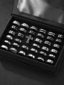 5/10/20pcs Anillos de acero inoxidable de moda con relieve romano, juego de anillos mate unisex, adecuado para uso diario, decoración de vacaciones, estilo aleatorio - Negro - Ver 1