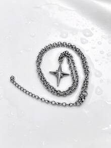 1pc Personalized Minimalist Fashion Stainless Steel Four-Pointed Star Pendant Necklace Men's Daily Basic Jewelry Accessory - Silver - View 5