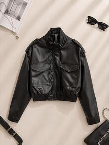 Casual Solid Color Large Pocket Short Leather Jacket, Autumn/Winter - Chocolate Brown - View 1