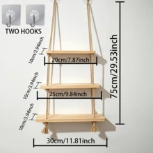 INS Style, Multi-Functional Solid Wood Storage Rack, With 2 Hooks For Displaying Figurines, Balcony/Living Room/Bedroom Plant Holder, An Organizer For Cosmetics And Decorative Items, Utility Racks. Wall-Mounted Multi-Tiered Storage Rack. - View 9