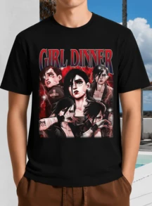 Black Unisex T-Shirt With "Girl Dinner" Text & Anime Character Group - League O Legends Fan Art - Black - View 11