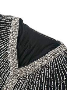 Beaded Sequin Patchwork Small V-Neck Kaftan For Holiday Wedding Birthday Party Formal Dinner Summer - black silver - View 5