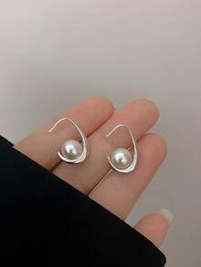 S925 Silver Teardrop Pearl Stud Earrings, Silver/Gold Minimalist C-Shaped Earrings, Hypoallergenic Jewelry For Pierced Ears, Suitable For Elegant, Fashionable Women, Great For Valentine's Day, Birthday, Party, And Daily Wear, Come With A Delicate Gift Box - Silver - View 5