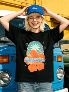 Camiseta de manga corta con cuello redondo suave y casual para mujer, estampado gráfico de hibisco estilo boho de Sunseeker para primavera y verano. - Negro - Ver 4