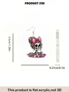 Pendientes con estampado de calavera y lazo rosa 2D, de moda y ligeros, adecuados para uso diario y fiestas, pendientes de pareja, regalo genial de Halloween para familia, amigos y compañeros de clase - Calavera con lazo rosa - Ver 4
