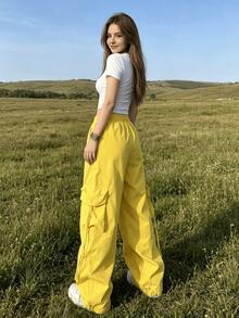 Elastic Waist Wide Leg Cargo Pants, Women's Casual Loose Trousers With Drawstring, Lightweight For Street & Outdoor - Yellow - View 2