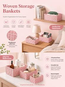 1pc Woven Storage Baskets, Stackable Rope Storage Bins, Multi-Size Organizer Boxes For Living Room Bedroom Bathroom, Home Office Desk Organizer, Boho Decorative Baskets For Cosmetics/Toys/Clothes, Ideal For Mothers Day Housewarming Gift - Pink - View 7