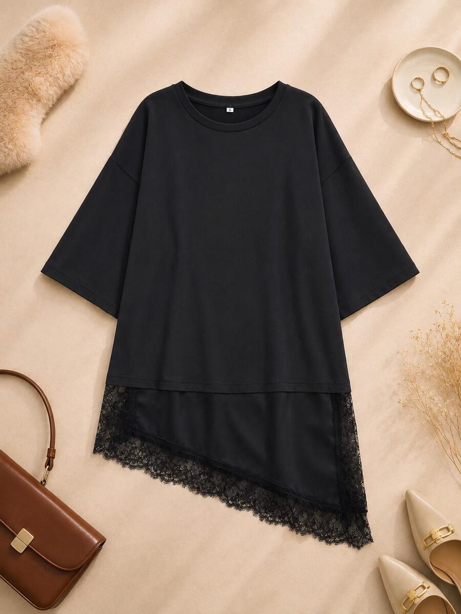 Camiseta de manga corta con contraste de encaje de unicolor, casual de primavera/verano en negro - Negro - Ver 1