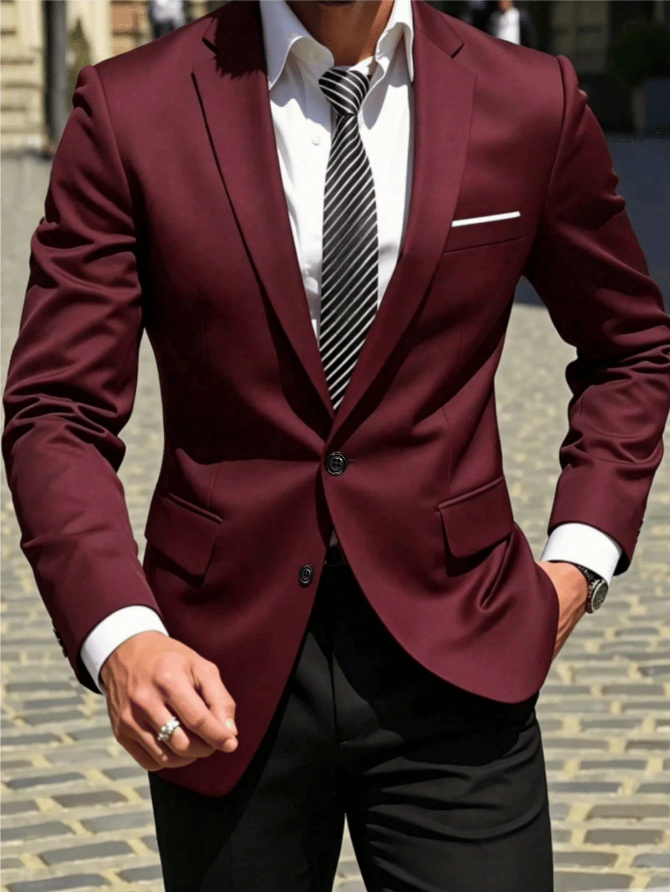 Men's Single-Breasted Notch Lapel Suit Jacket, Business Formal Wear For Occasions, Suitable For Weddings, Parties, Office, Company Events - Burgundy - View 1