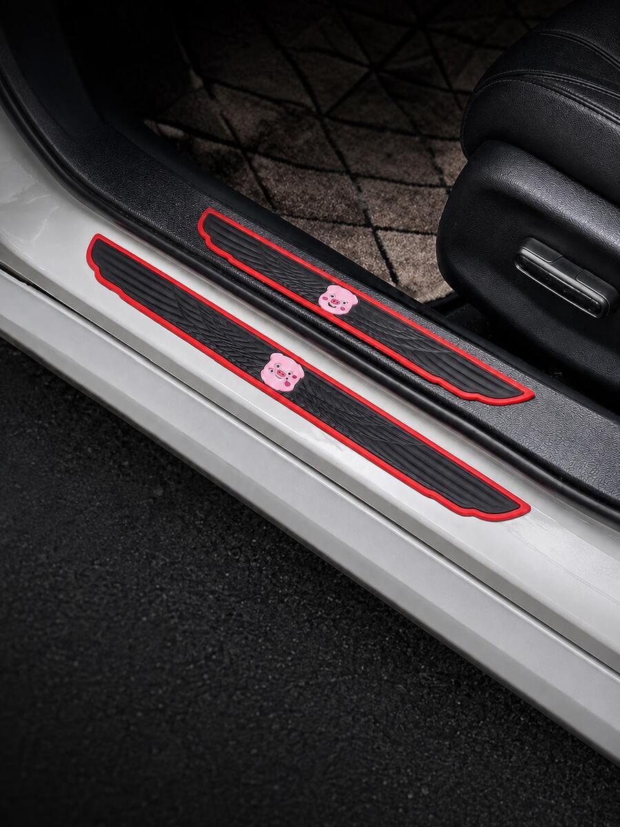 4Pcs Cute Cartoon Car Door Sill Protector Strip, PVC Anti-Scratch Threshold Protection Sticker, Non-Slip Waterproof Universal Auto Door Edge Guard, Anti-Scratch PVC Threshold Protector,Car Interior Decoration Accessories,Cartoon Car Decoration