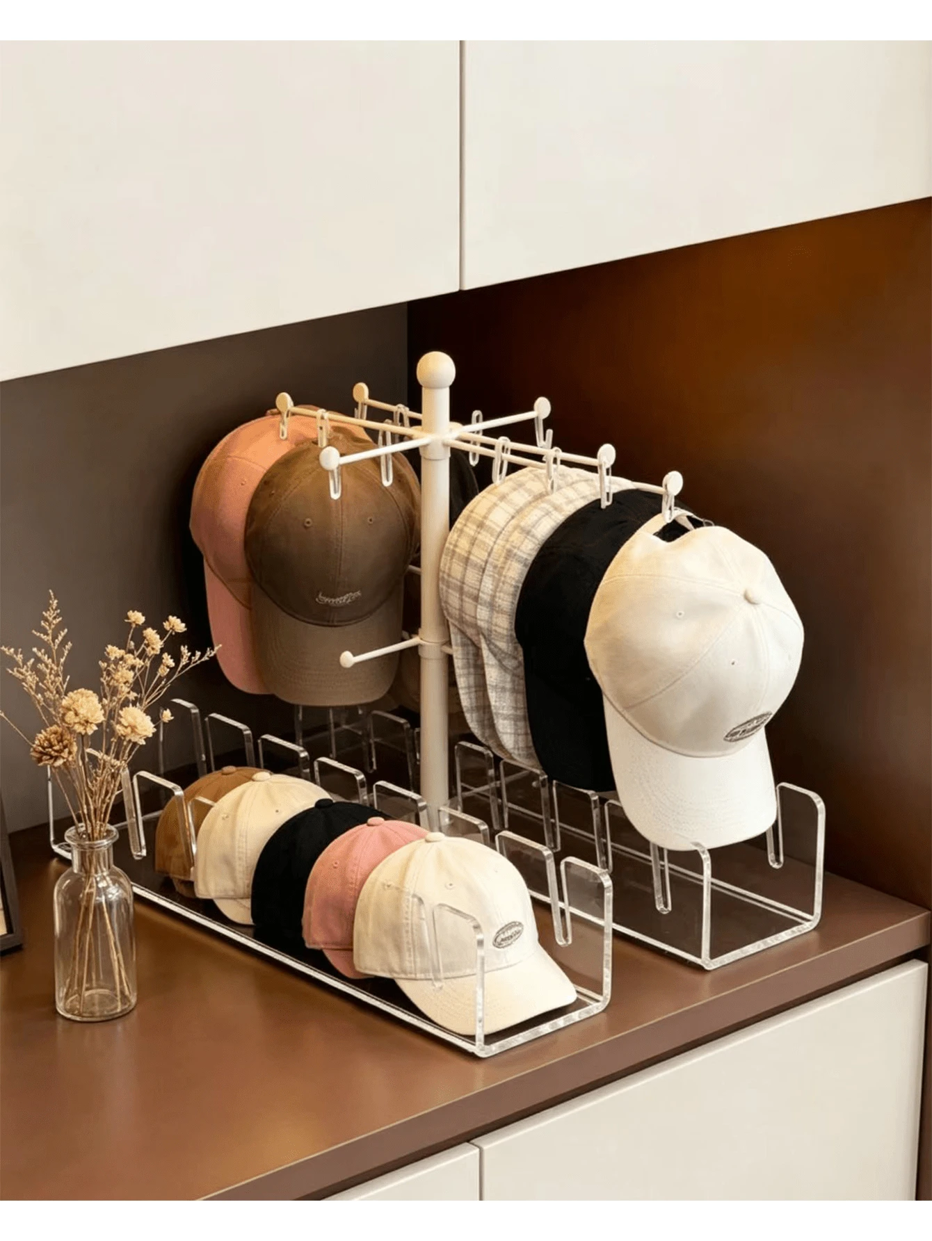 1/2/3/4 piezas Soporte acrílico transparente para gorras de béisbol sin instalación, puede sostener 14 gorras. Soporte para gorras, exhibidor de gorras, organizador de almacenamiento, adecuado para armario, dormitorio y tocador - transparente - Ver 1