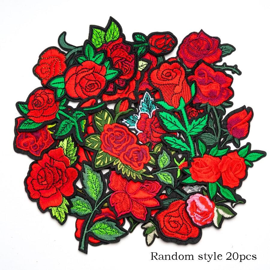 20pcs/Random Rose Embroidery Iron-On Patches, Suitable For DIY Clothing And Accessories - Hat Embroidery Iron-On Patches, Jeans, Jackets And More Unique Designs, Cute Cartoon Embroidery Stickers