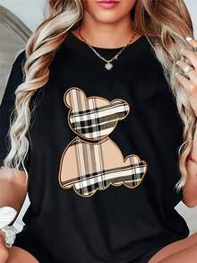 Bear Figure With A Plaid Pattern In Beige, Brown, And White Tones That Conveys Tenderness And Modern Urban Style; Comfortable Casual Women's T-Shirt For Everyday Wear - 黑色 - 查看 1