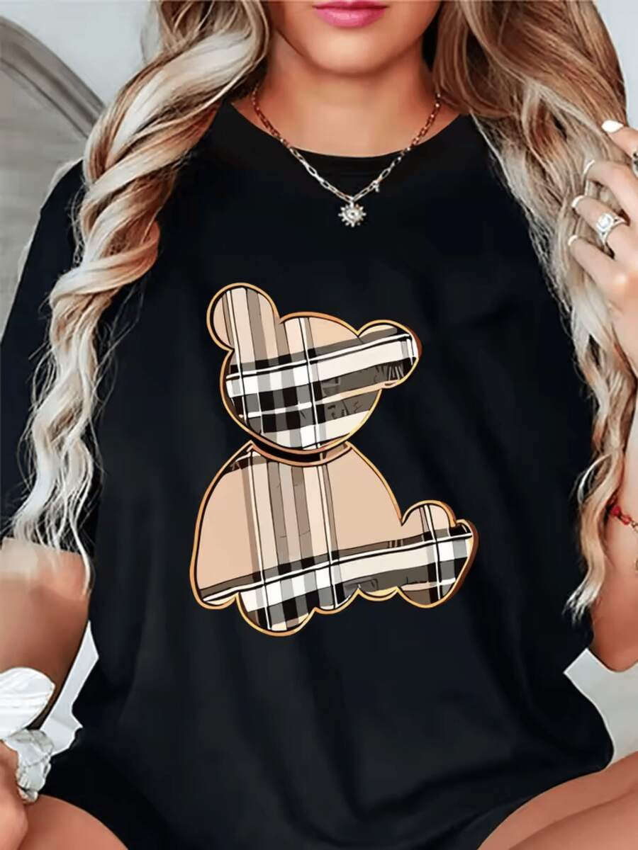 Bear Figure With A Plaid Pattern In Beige, Brown, And White Tones That Conveys Tenderness And Modern Urban Style; Comfortable Casual Women's T-Shirt For Everyday Wear - 黑色 - 查看 1