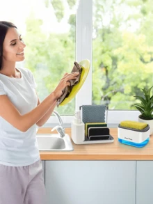 1 Buah Dispenser Sabun Cuci Piring dengan Tempat Spons, Organizer Wastafel Dapur, Dispenser Sabun Pompa Ganda dengan Baki Tetes dan Batang Kain Lap, Spons Termasuk, Untuk Penyimpanan di Atas Wastafel - MultiWarna - View 5
