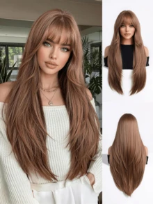 24 Inch Light Brown Layered Straight Wig With Bangs, Heat Resistant Synthetic Wig, Natural Hairpiece For All Seasons - Brown - View 12