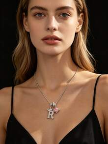 1pc Cubic Zirconia Heart Necklace, 26 English Artistic Letter Design Jewelry, Fashion Classic Vintage Pendant Necklace, Suitable For Daily Wear Or Parties, Perfect Gift For Valentine's Day - Crown Lettering Silver - View 4