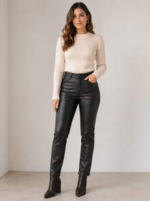 Women's Resin-Coated Leather-Effect Skinny Pants With A High Waist, High Elasticity, A Design That Enhances The Buttocks And Curves, Casual And Elegant For Autumn/Winter. - 黑色 - 查看 10