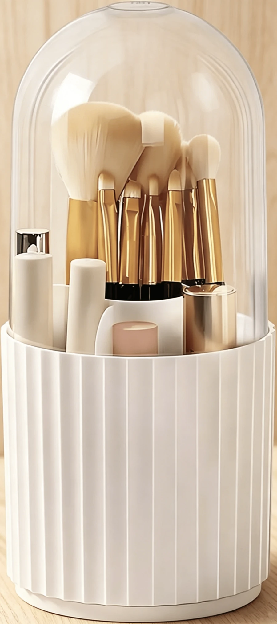 Scatola porta pennelli per il trucco con coperchio, organizer girevole a 360° per pennelli cosmetici, contenitore per cosmetici per bagno e toeletta, bianco - Visualizzare 1