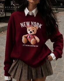 Women's New York Sweatshirt With Teddy Bear Print, Oversized, Crew Neck, Long Sleeves, Casual, Comfortable, Winter Fashion, Streetwear - 酒紅色 - 查看 1