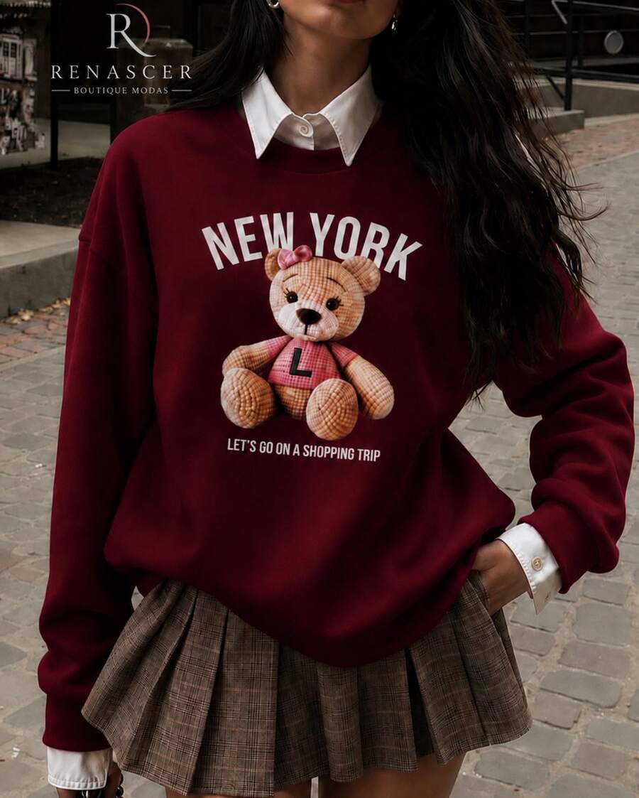 Women's New York Sweatshirt With Teddy Bear Print, Oversized, Crew Neck, Long Sleeves, Casual, Comfortable, Winter Fashion, Streetwear - 酒紅色 - 查看 1