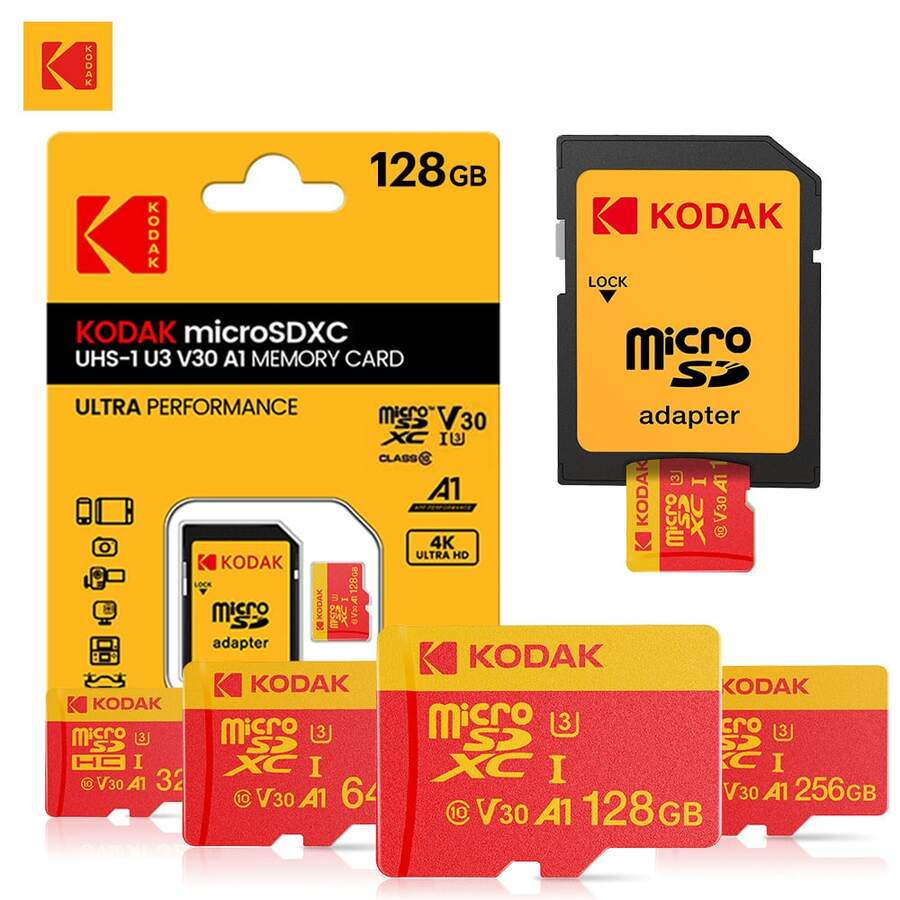 Kodak 32GB C10 Micro SD卡 64GB 128GB 高速 100MB/S U3 V30 Class10 Micro SD卡 256GB 512GB 附轉接卡 Mini TF卡 用於相機電腦手機 - 查看 1