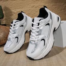 Retro Style Color-Blocked Dad Shoes, Casual, Fashionable And Versatile Women's Sports Shoes, Mesh Breathable, Thick-Soled For Height Increasing - 黑色 - 查看 1