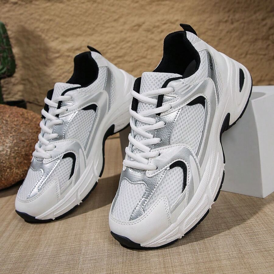 Retro Style Color-Blocked Dad Shoes, Casual, Fashionable And Versatile Women's Sports Shoes, Mesh Breathable, Thick-Soled For Height Increasing - 黑色 - 查看 1
