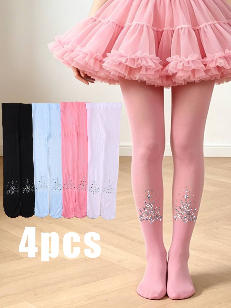 4 Colors Available Girls' Frozen Crown Rhinestone Tights, Soft And High ...