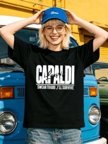 Camiseta de manga corta con cuello redondo suave y casual para mujer, estampado gráfico de Lewis Capaldi para primavera y verano. - Negro - Ver 4