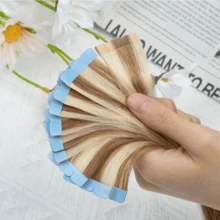 Mini Tape In Hair Extensions Human Hair Ingle Side PU Tape Human Hair Extensions Blonde Light Colour 10pcs/Pack - S6/613 - View 19