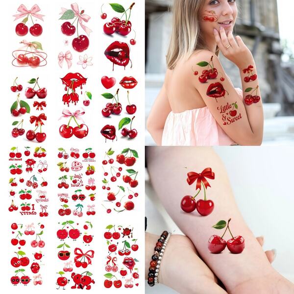 [12er/Pack] Kirsche & rote Lippen Damen Tattoo Aufkleber, realistisches Muster Design für Obstparty, Make-up Show, Party, Feiertagsparty Körperkunst Dekoration temporäres Tattoo
