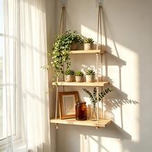INS Style, Multi-Functional Solid Wood Storage Rack, With 2 Hooks For Displaying Figurines, Balcony/Living Room/Bedroom Plant Holder, An Organizer For Cosmetics And Decorative Items, Utility Racks. Wall-Mounted Multi-Tiered Storage Rack. - View 2