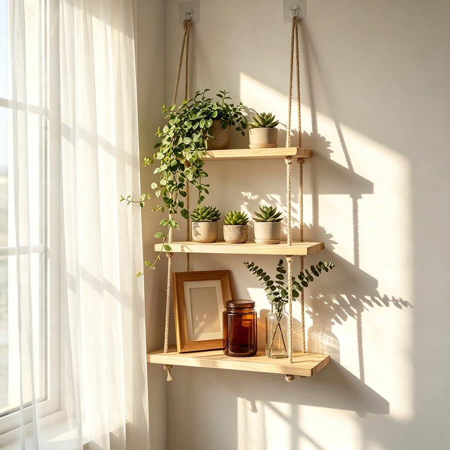 INS Style, Multi-Functional Solid Wood Storage Rack, With 2 Hooks For Displaying Figurines, Balcony/Living Room/Bedroom Plant Holder, An Organizer For Cosmetics And Decorative Items, Utility Racks. Wall-Mounted Multi-Tiered Storage Rack.