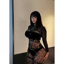 女士内衣，长袖镂空高弹蕾丝连体裤，适合派对、夜店、约会、演出、蜜月之夜等场合 - 可搭配性感丝袜和紧身裤 - 黑色 - 查看 1