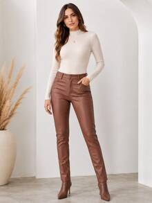 Women's Resin-Coated Leather-Effect Skinny Pants With A High Waist, High Elasticity, A Design That Enhances The Buttocks And Curves, Casual And Elegant For Autumn/Winter. - 棕色 - 查看 7