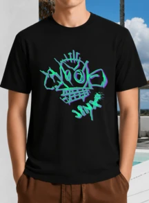 Black Unisex T-Shirt With Neon Graffiti "Jinx" Lettering - LOL Street Art Style - 黑色 - 查看 7