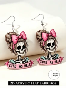 Pendientes con estampado de calavera y lazo rosa 2D, de moda y ligeros, adecuados para uso diario y fiestas, pendientes de pareja, regalo genial de Halloween para familia, amigos y compañeros de clase - Calavera con lazo rosa - Ver 6