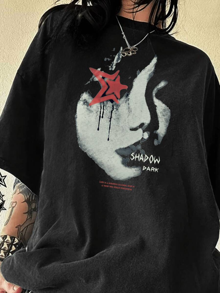 T-Shirt Nera Da Donna A Maniche Corte Con Stampa A Cartoni Animati Stile Y2K, Girocollo, Vestibilità Ampia, Stile Retrò. - 後退 - 查看 1