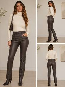 Women's Resin-Coated Leather-Effect Skinny Pants With A High Waist, High Elasticity, A Design That Enhances The Buttocks And Curves, Casual And Elegant For Autumn/Winter. - 巧克力棕 - 查看 3