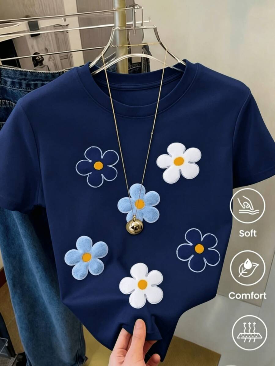 180 g Hecho en México, Moda Primavera/Verano 2026 Camiseta de manga corta, Estampado de dibujos animados, Estilo para parejas, Ropa interior/exterior, Cuello redondo informal para la oficina, Top unisex de una pieza - Azul marino - Ver 1