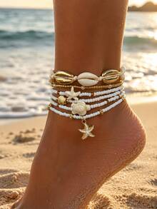 Set Gelang Kaki Wanita Bohemian 6 Buah Motif Kerang, Liontin Bintang Laut & Kura-kura, Gelang Kaki Manik-Manik Berlapis, Perhiasan Musim Panas Gaya Liburan Pantai - MultiWarna - View 3