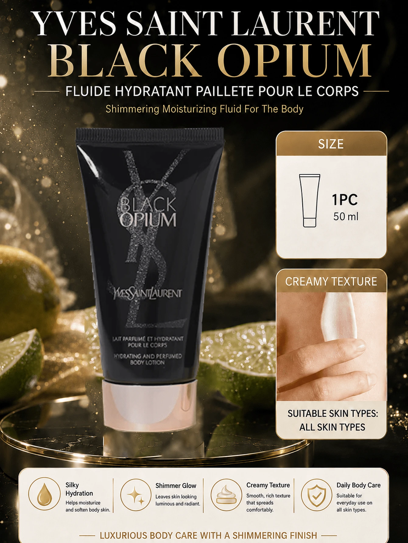 YSL Black Opium Body Lotion 50ml, Woody Scent, Lightweight Milky Texture Absorbs Quickly Without Being Greasy, Leaving Skin Soft, Smooth, And Radiant. Suitable For All Skin Types And Daily Care.