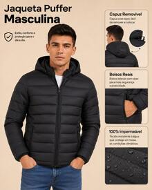 Men's Black Puffer Jacket With Hood, Lightweight And Warm Padded Puffer Jacket, Casual Winter Coat For Everyday Wear - màu đen - Xem 3