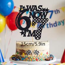 1件裝賽車主題7歲生日蛋糕插牌「I Was 6 Now I'm 7」黑色亮片蛋糕裝飾，格子旗設計兒童生日派對裝飾，賽道風格7歲生日蛋糕插牌 - 賽車6-7 - 查看 8