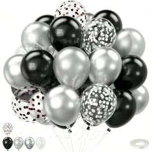 35pcs Black And Silver Grey 10-Inch Metallic Silver Black And Foil Sequin Balloons Set, Graduation And Birthday Party Decorations, Gift Party And Party Decor, Elegant Balloon Decoration - Style a - View 1